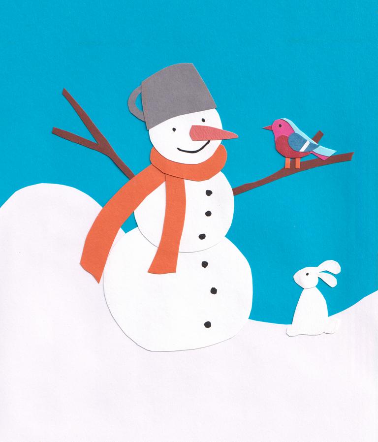 Winter snowman bird white rabbit Paper art _Melanie Franz