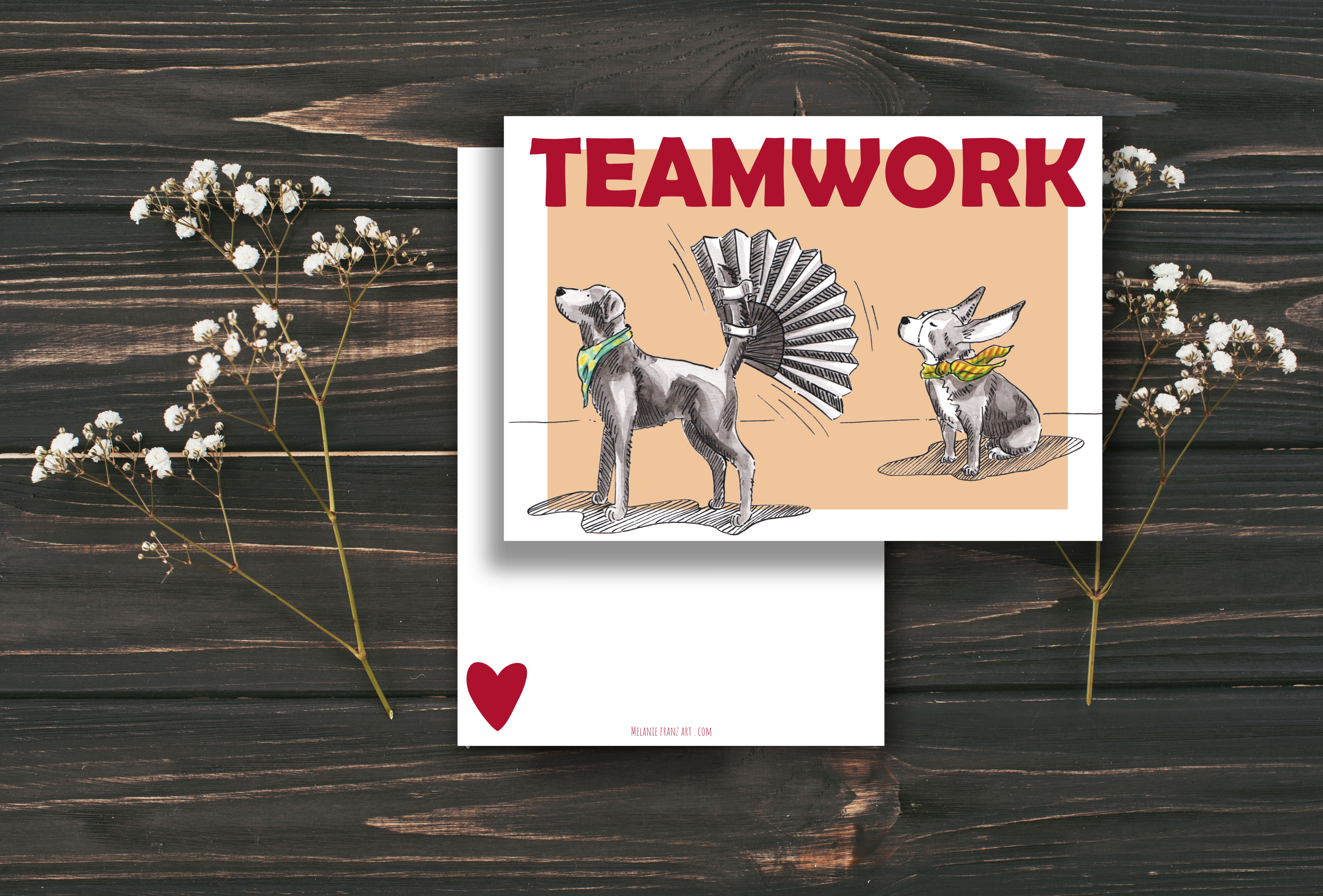 2401 Teamwork Labrador Beagle dog lover printable card ink illustration by Melanie Franz