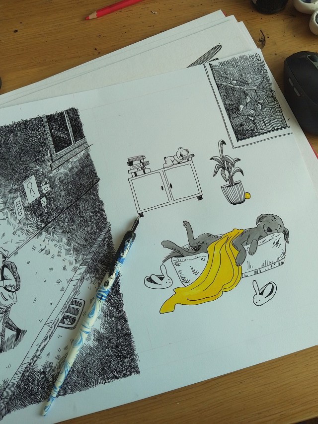 2403 Labrador Teddy ink drawing illustration work in progress children's book_Melanie Franz